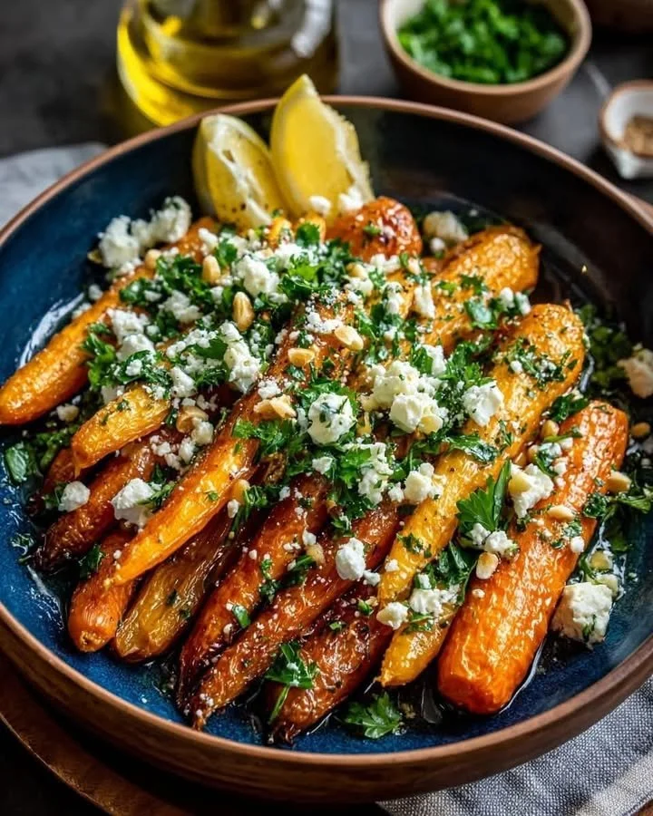 Mediterranean roasted carrot salad with feta on a wooden table