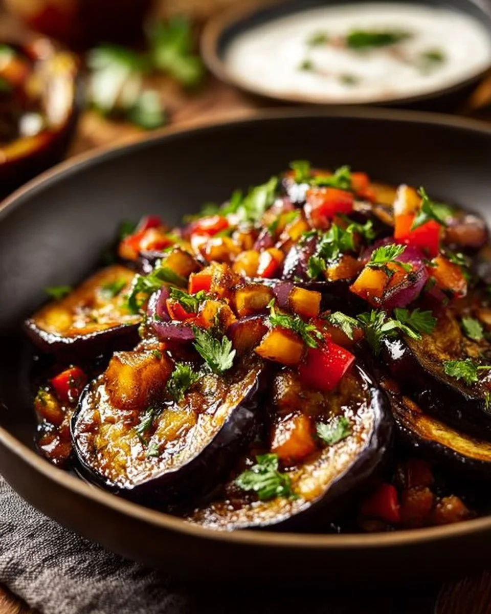 Plate of Mediterranean roasted eggplant topped with yogurt sauce