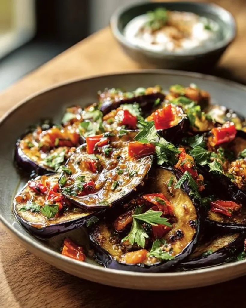 Mediterranean roasted eggplant topped with yogurt sauce on a plate