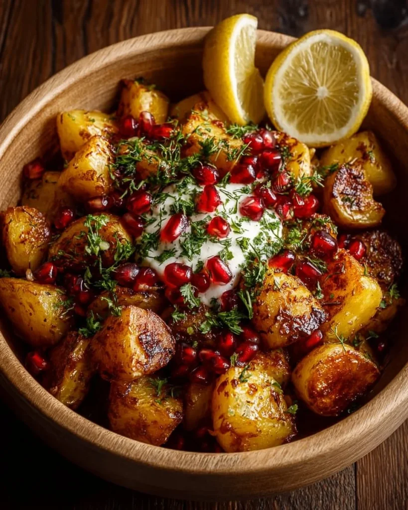 Mediterranean roasted potatoes with whipped goat cheese and pomegranate seeds