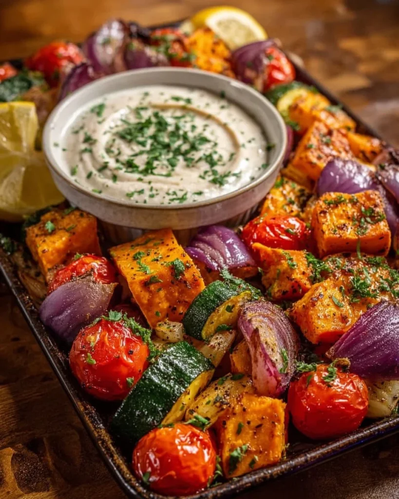 Mediterranean roasted veggie and feta sheet-pan served with lemon yogurt sauce.