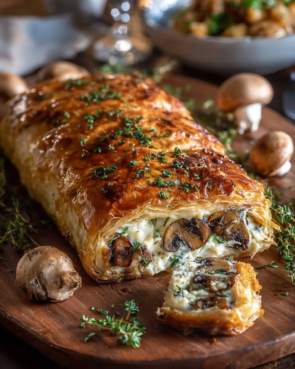 Mediterranean mushroom and Gruyère puff pastry braid on a wooden board