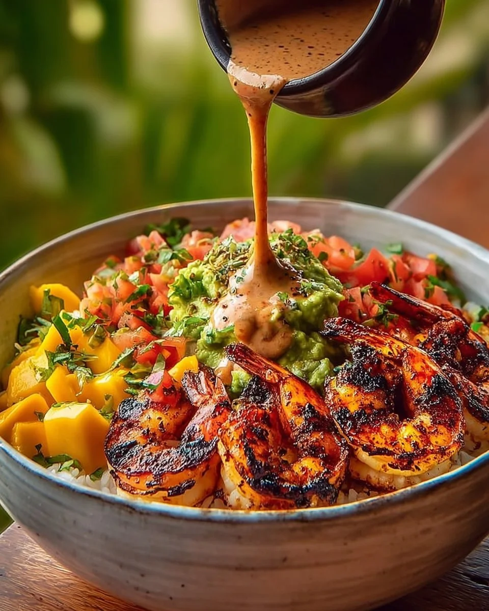 Mediterranean shrimp avocado bowls with mango-cucumber salsa and lemon-herb sauce