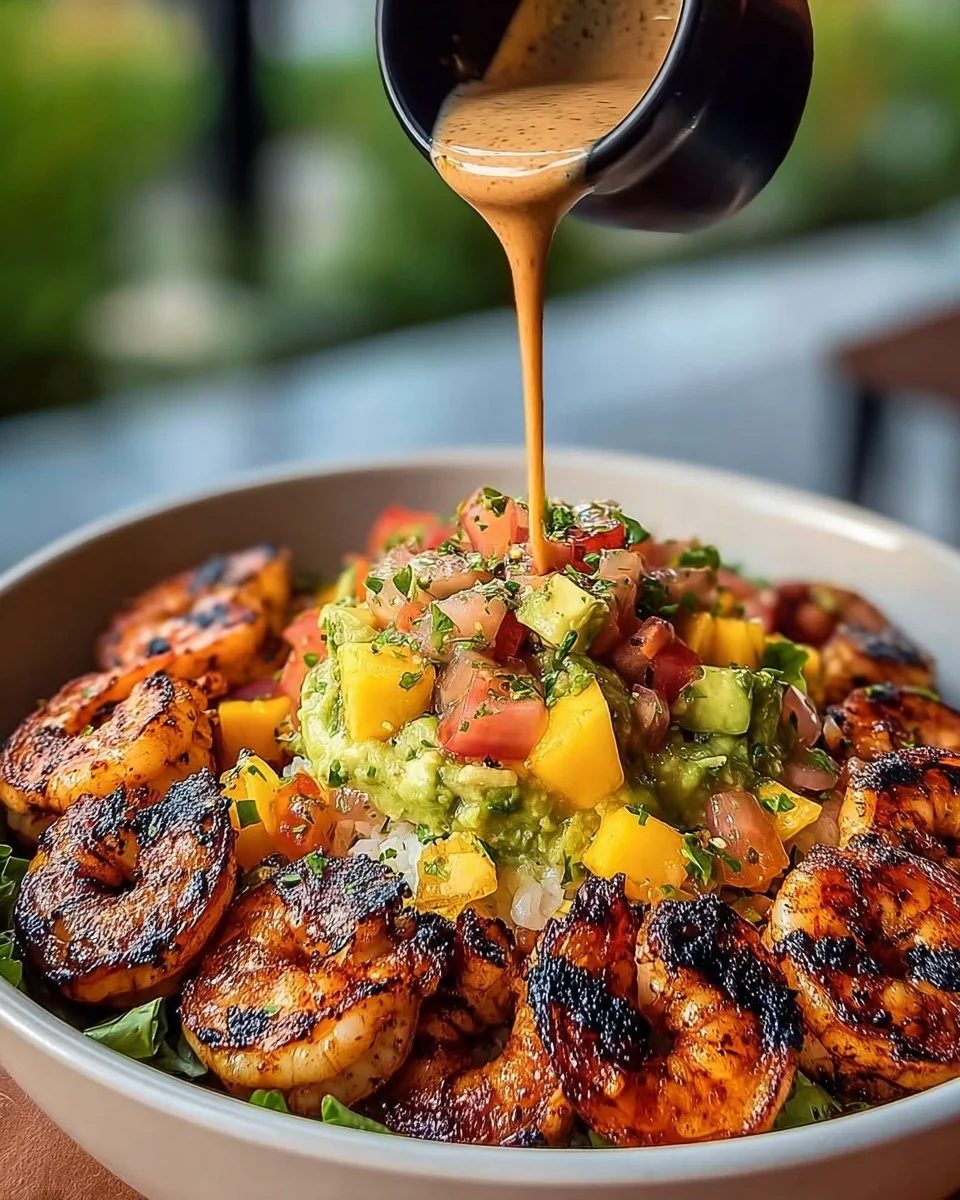 Mediterranean shrimp avocado bowls with mango-cucumber salsa and lemon-herb sauce