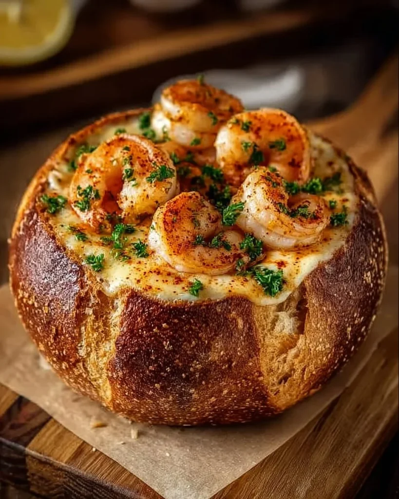 Mediterranean shrimp bread bowl dip served with fresh herbs and spices
