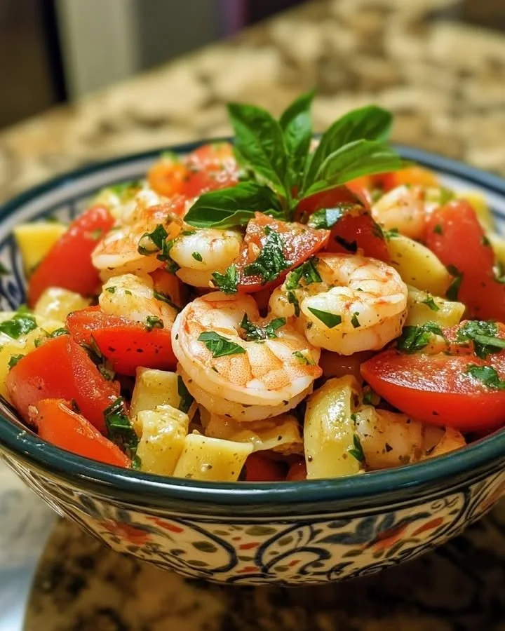Delicious Mediterranean shrimp pasta garnished with herbs and served in a bowl.