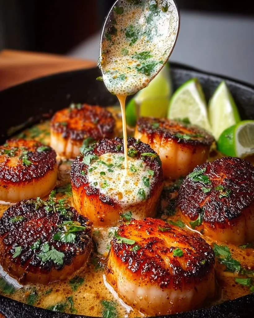 Mediterranean sizzling scallops topped with zesty lime cilantro sauce