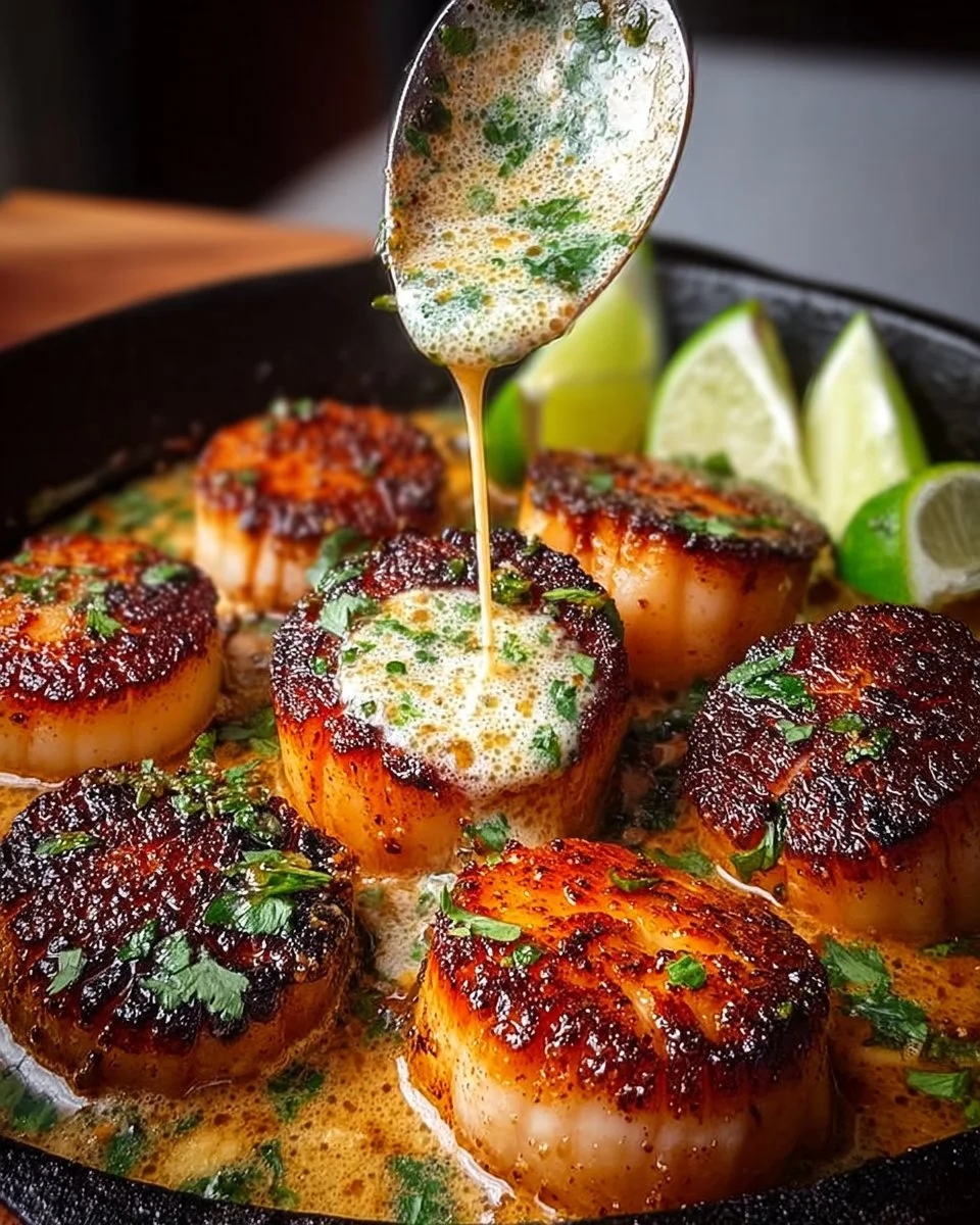 Mediterranean sizzling scallops topped with zesty lime cilantro sauce
