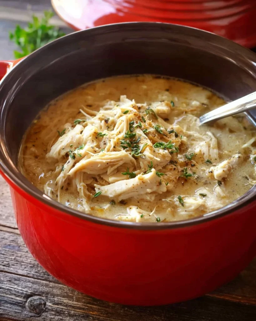 Mediterranean Slow Cooker Chicken served with rich gravy in a bowl