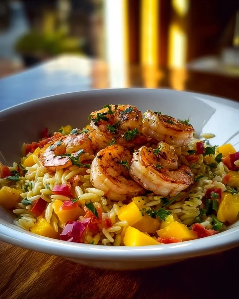 Mediterranean Spicy Mango Chili Shrimp Orzo Bowl with vibrant colors and textures.