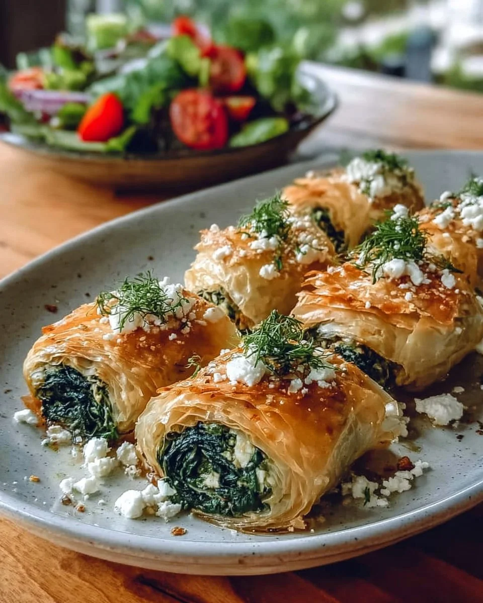 Mediterranean spinach and cheese phyllo pastry rolls on a plate