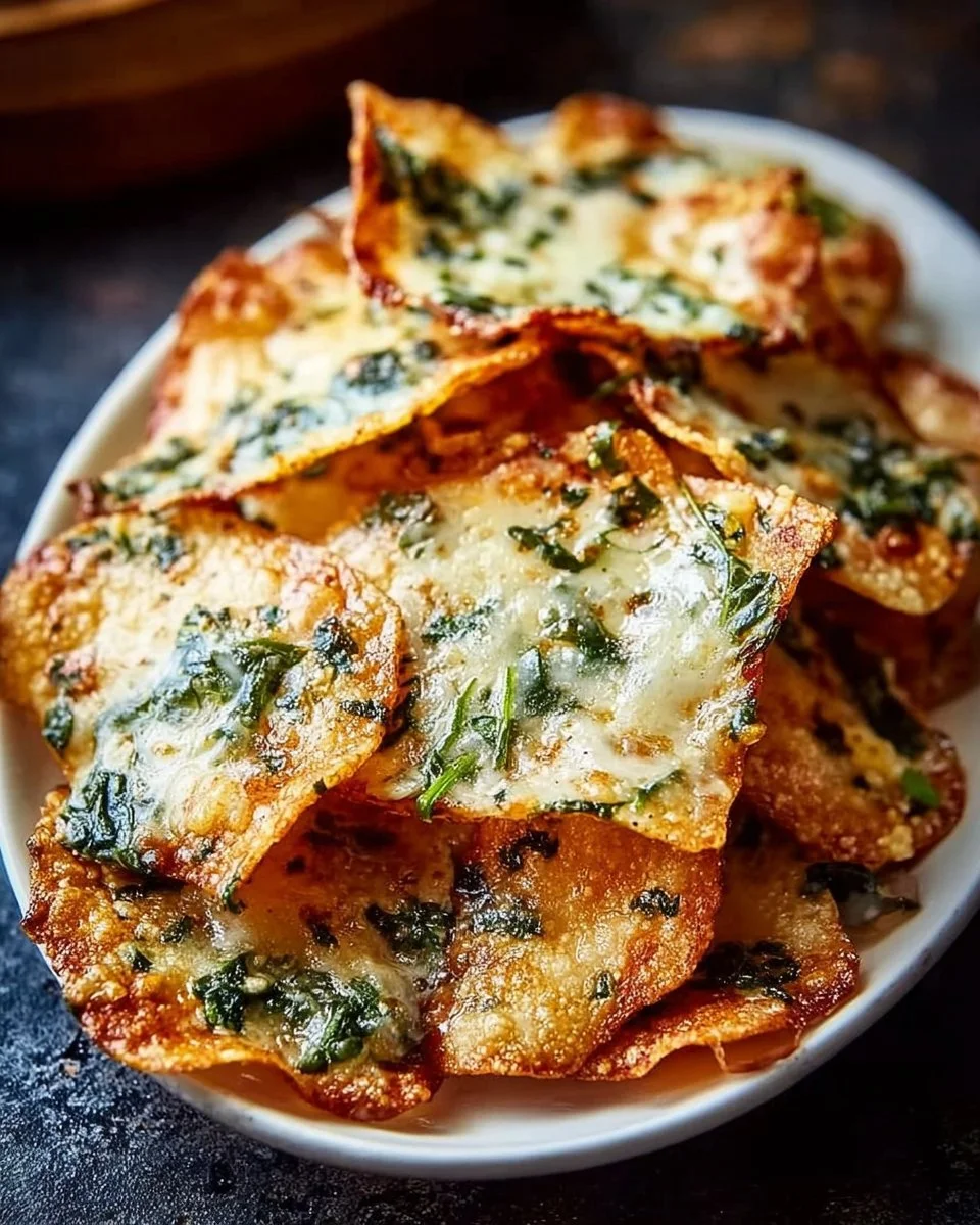 Crunchy Mediterranean spinach and feta cheese crisps on a wooden serving board.