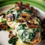 Mediterranean spinach and mushroom smothered chicken on a plate