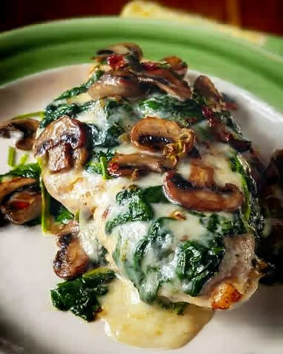 Mediterranean spinach and mushroom smothered chicken on a plate