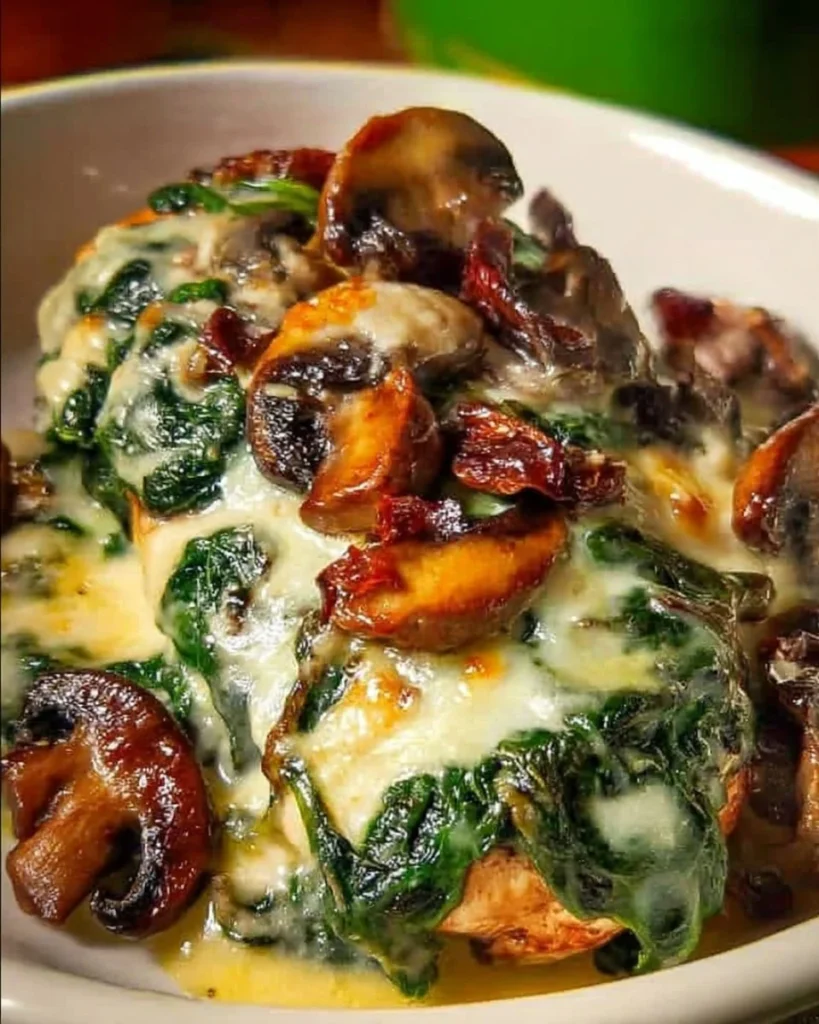Mediterranean Spinach and Mushroom Smothered Chicken dish with vibrant colors