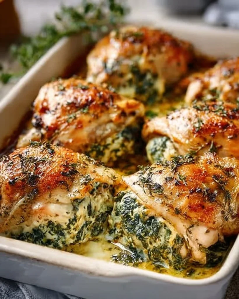 Mediterranean Spinach & Cheese Stuffed Chicken Thighs served on a plate