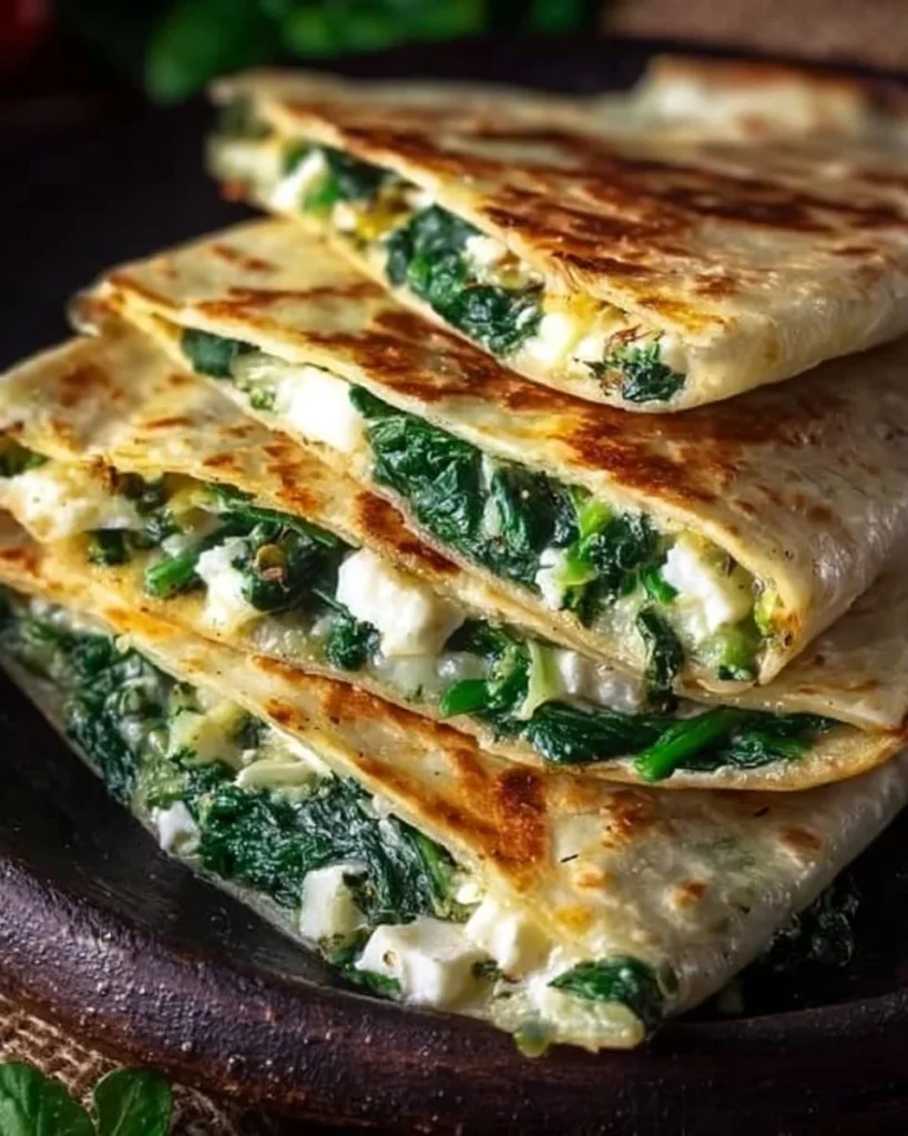 Mediterranean spinach quesadillas filled with fresh spinach and cheese