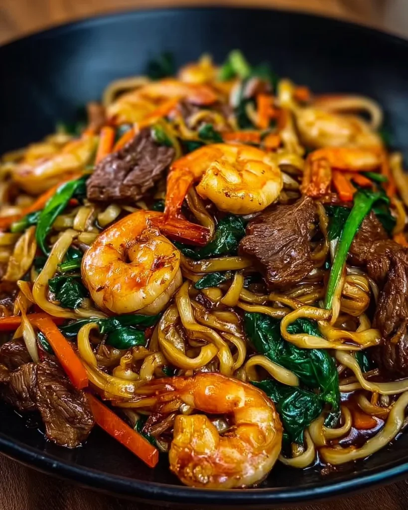 A vibrant plate of Mediterranean steak shrimp noodles garnished with fresh herbs.