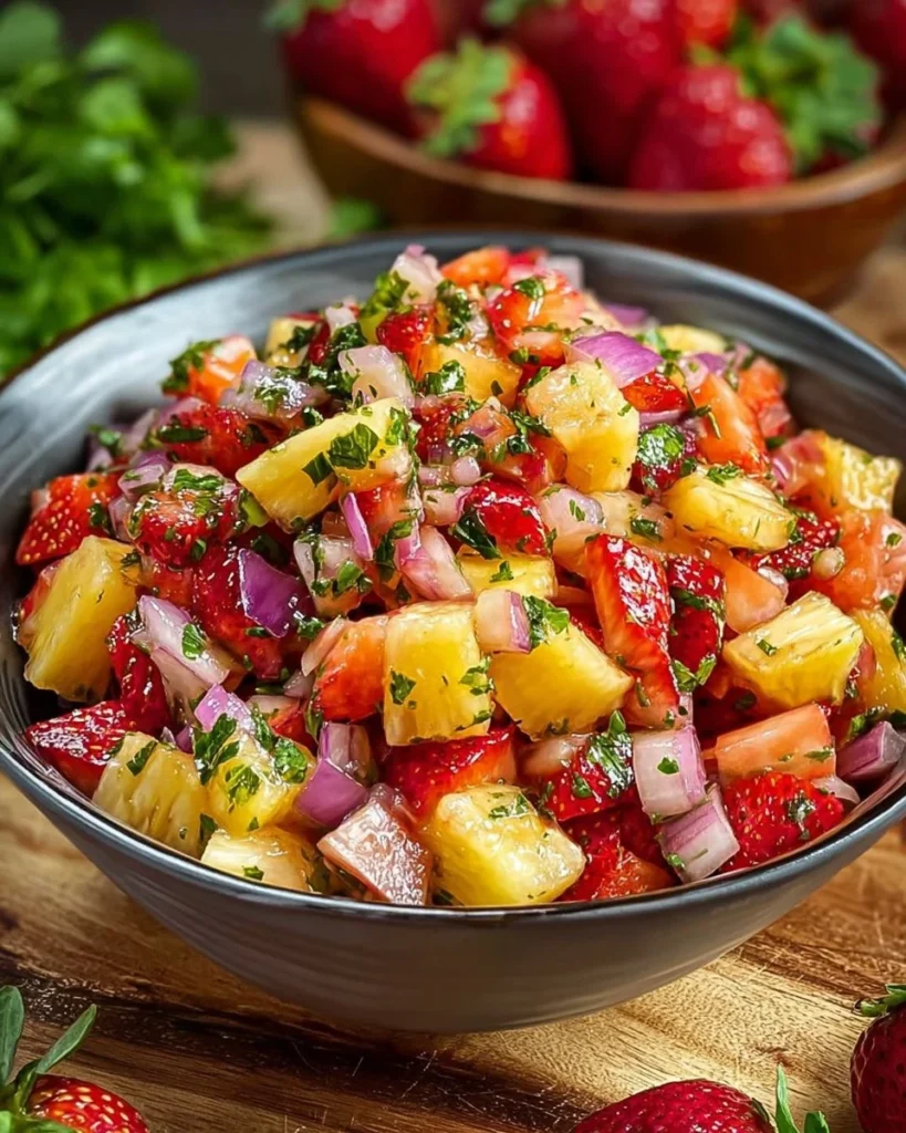 Mediterranean Strawberry Pineapple Salsa served in a bowl with fresh ingredients