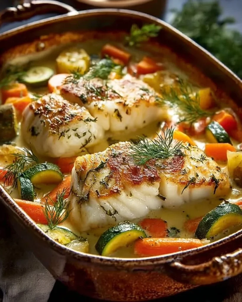 Mediterranean-Style Baked Cod served with vegetables and creamy sauce