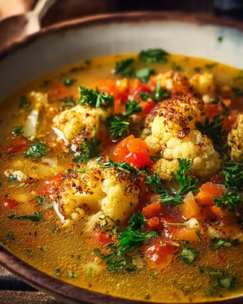 Bowl of creamy Mediterranean-style cauliflower soup garnished with herbs