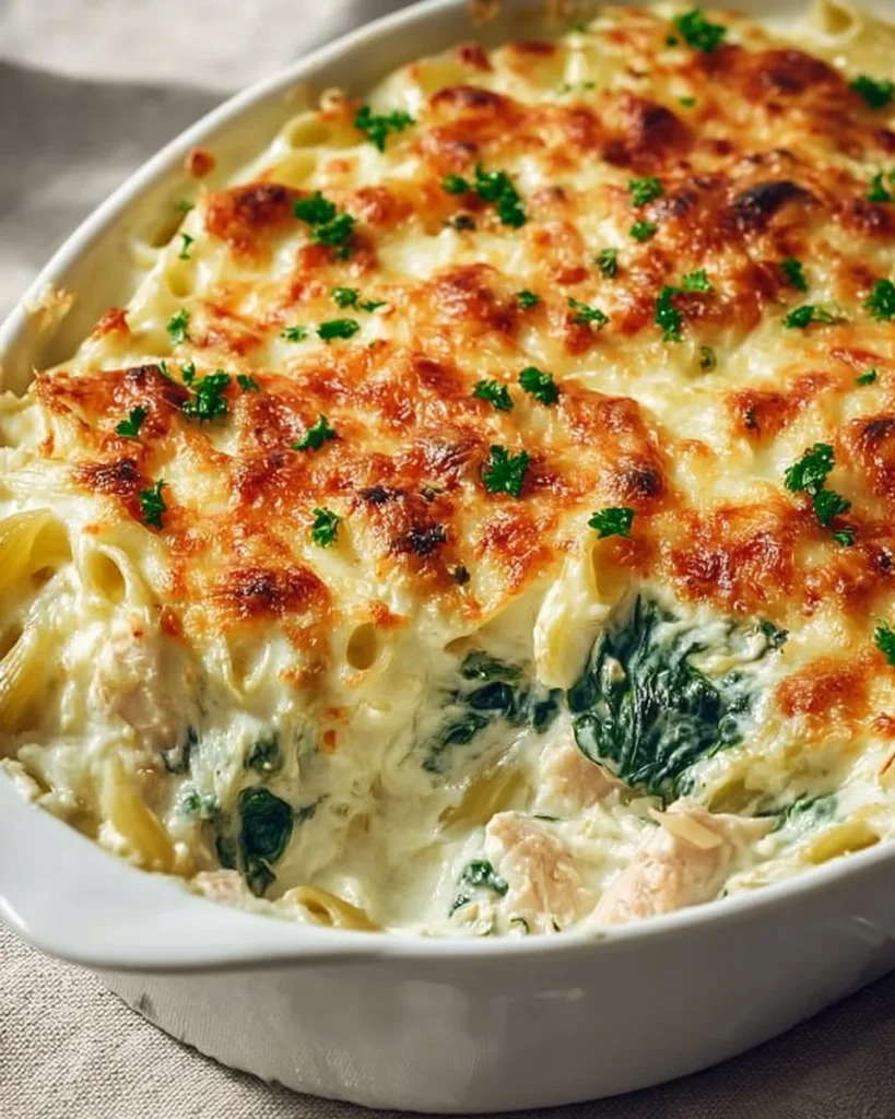 Mediterranean Potato Spinach Tuna Bake served in a casserole dish