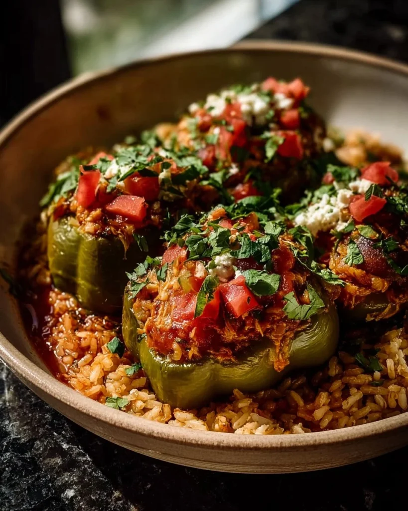 Mediterranean style stuffed peppers with ground beef and rice on a wooden table