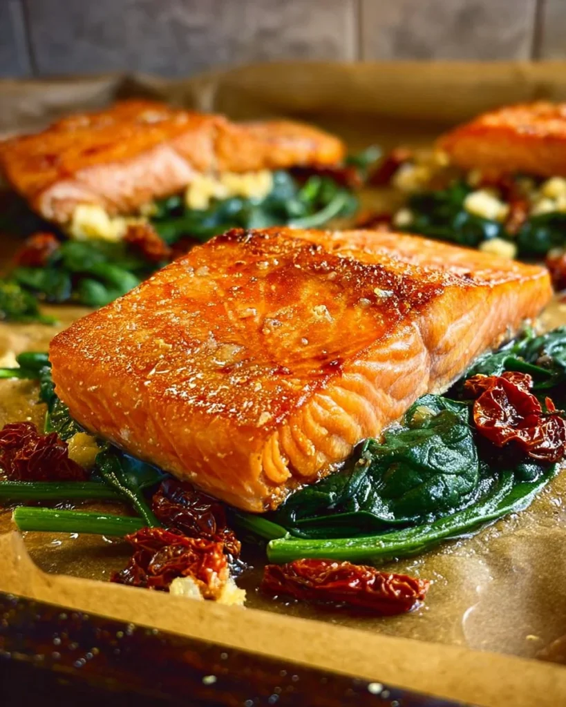 Delicious Mediterranean style stuffed salmon on a platter