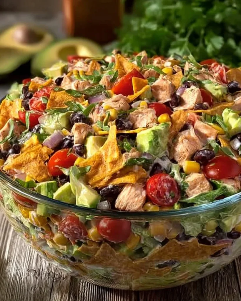 Mediterranean Tex-Mex chopped chicken salad with fresh vegetables and dressing