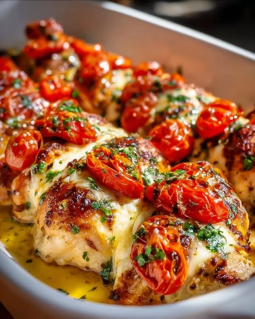 Mediterranean Hasselback Chicken with tomatoes and mozzarella on a plate
