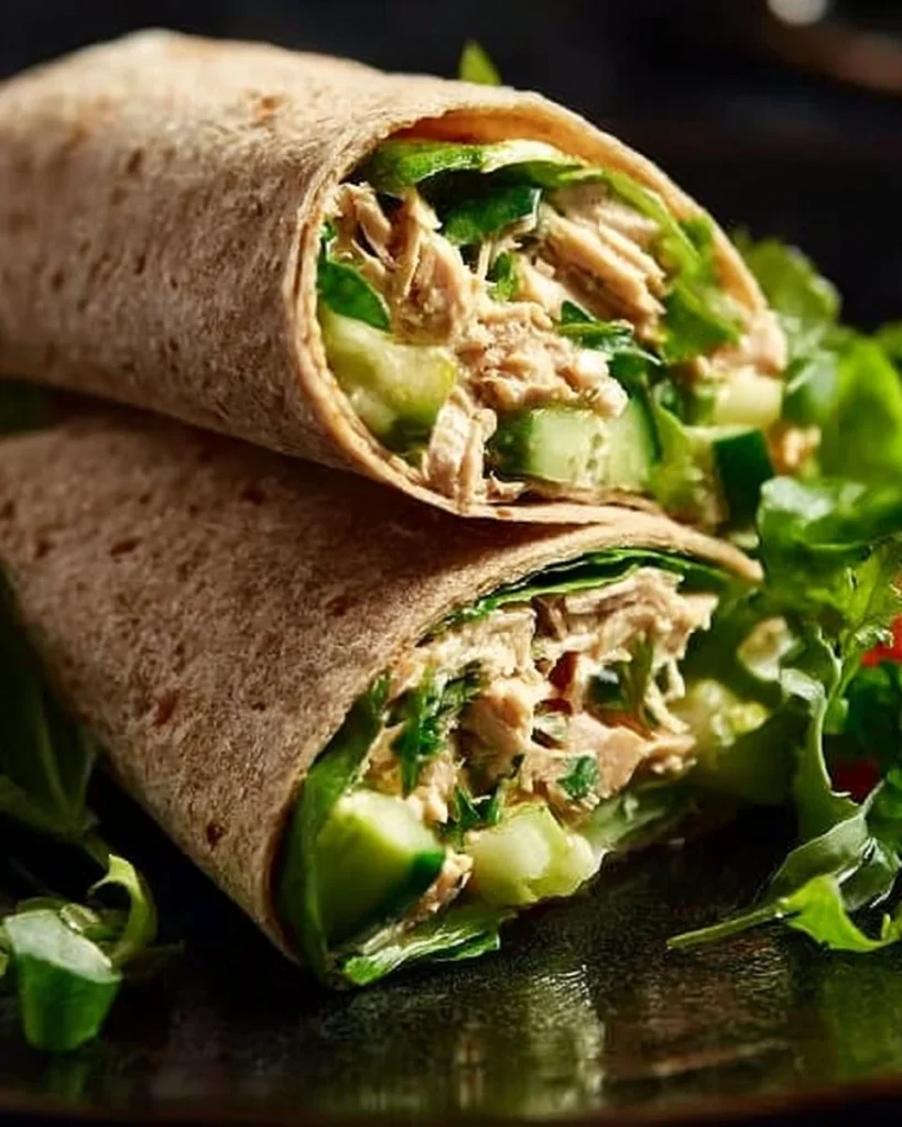 Mediterranean Tuna Avocado Salad Wraps with fresh greens on a plate.