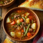 Bowl of Mediterranean vegetable beef soup filled with fresh vegetables and tender beef.