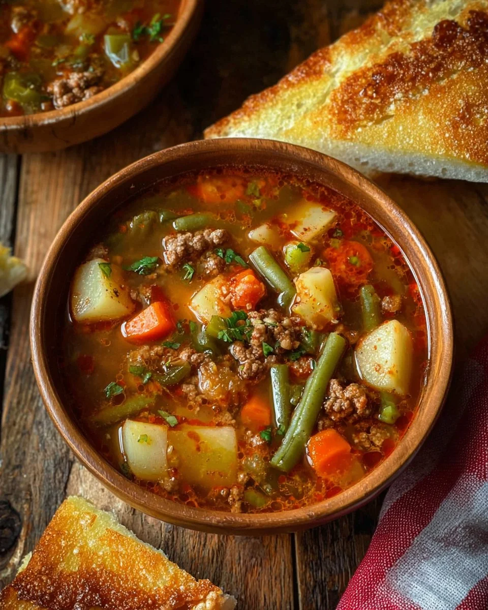 Bowl of Mediterranean vegetable beef soup filled with fresh vegetables and tender beef.