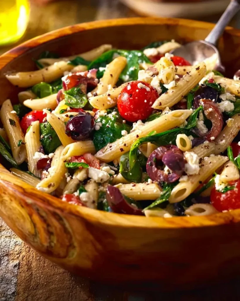 Mediterranean Veggie Pasta with feta and colorful vegetables in a bowl