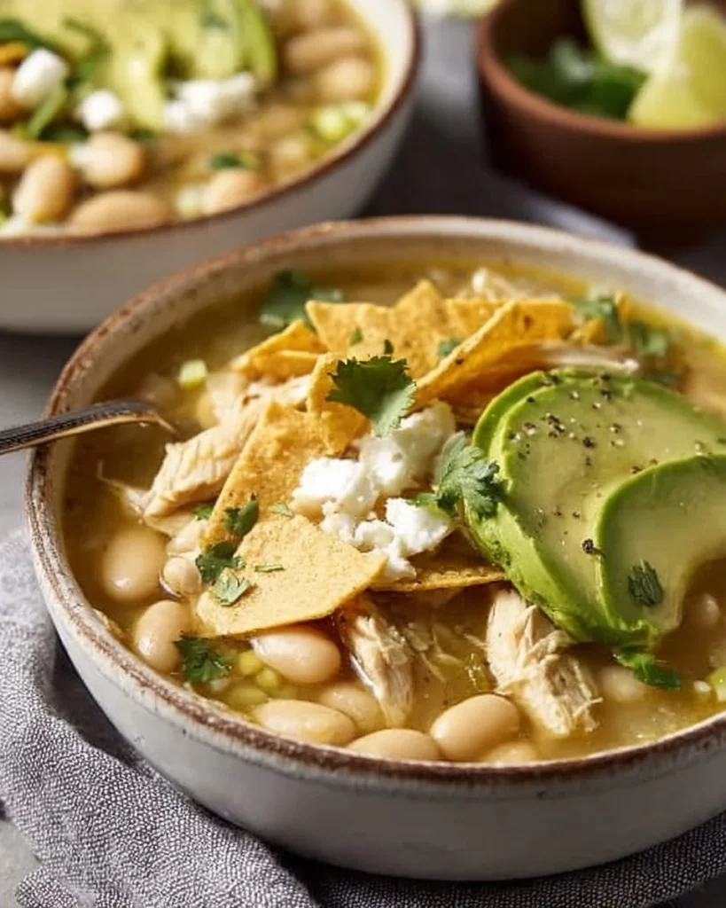 Bowl of Mediterranean White Chicken Chili with fresh herbs and toppings