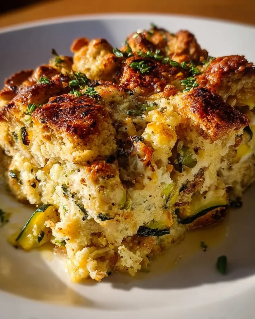 Mediterranean zucchini casserole topped with stuffing mix in a serving dish