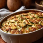 Mediterranean zucchini potato gratin topped with creamy cheese sauce