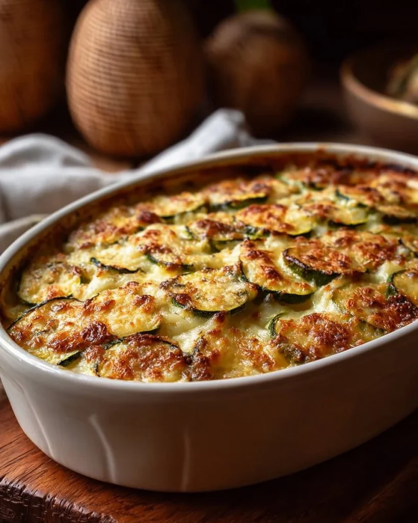 Mediterranean zucchini potato gratin topped with creamy cheese sauce