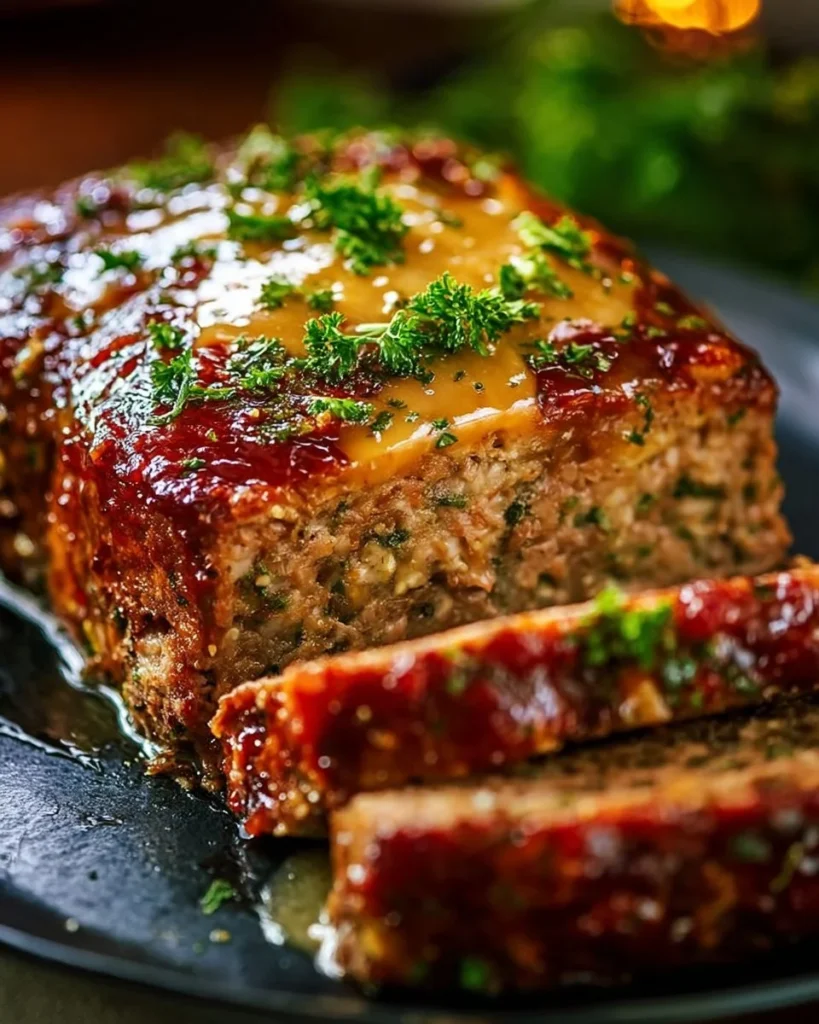 Juicy garlic parmesan chicken meatloaf served on a plate with fresh herbs