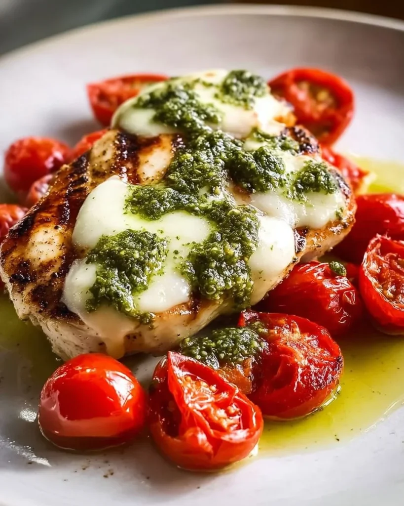 Delicious melty mozzarella pesto chicken topped with cherry tomatoes