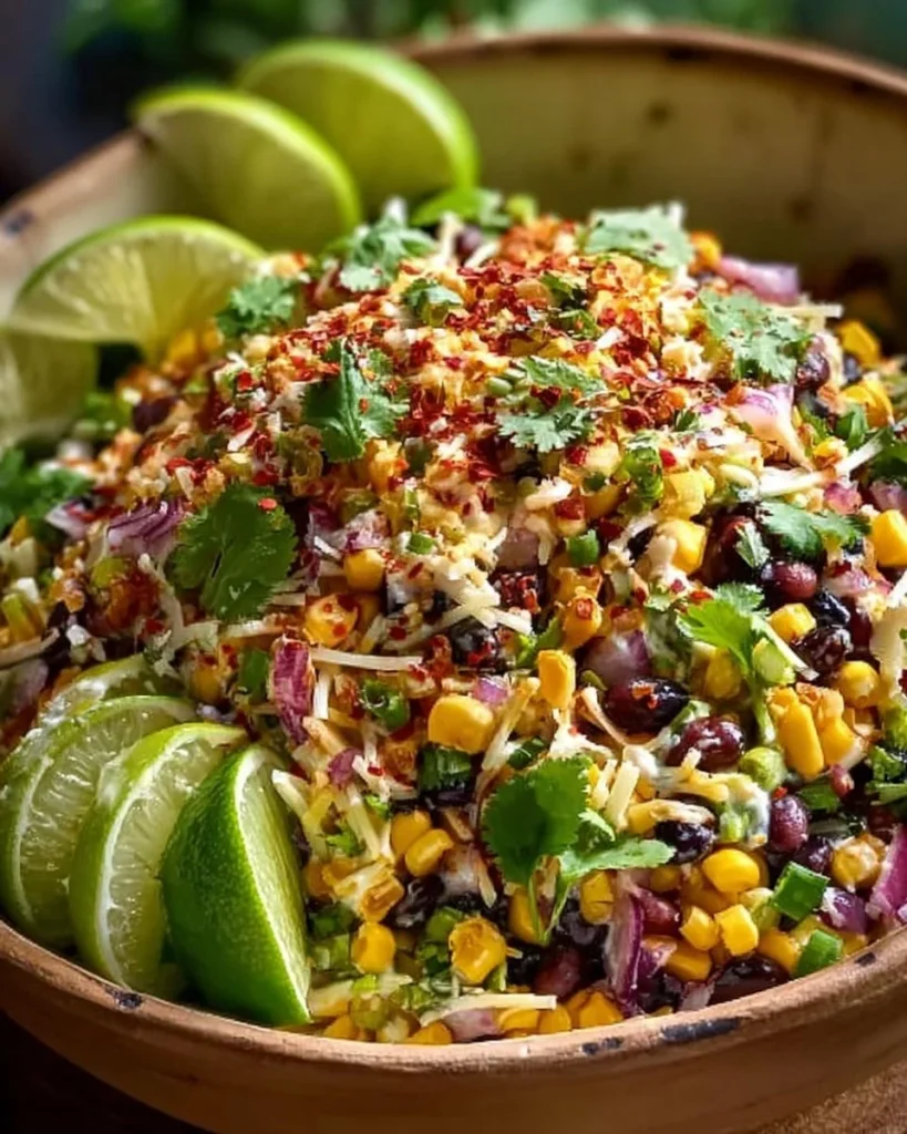 Bowl of Mexican street corn coleslaw topped with cilantro and lime.