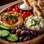 A colorful spread of mezze tapas featuring various dishes and dips.