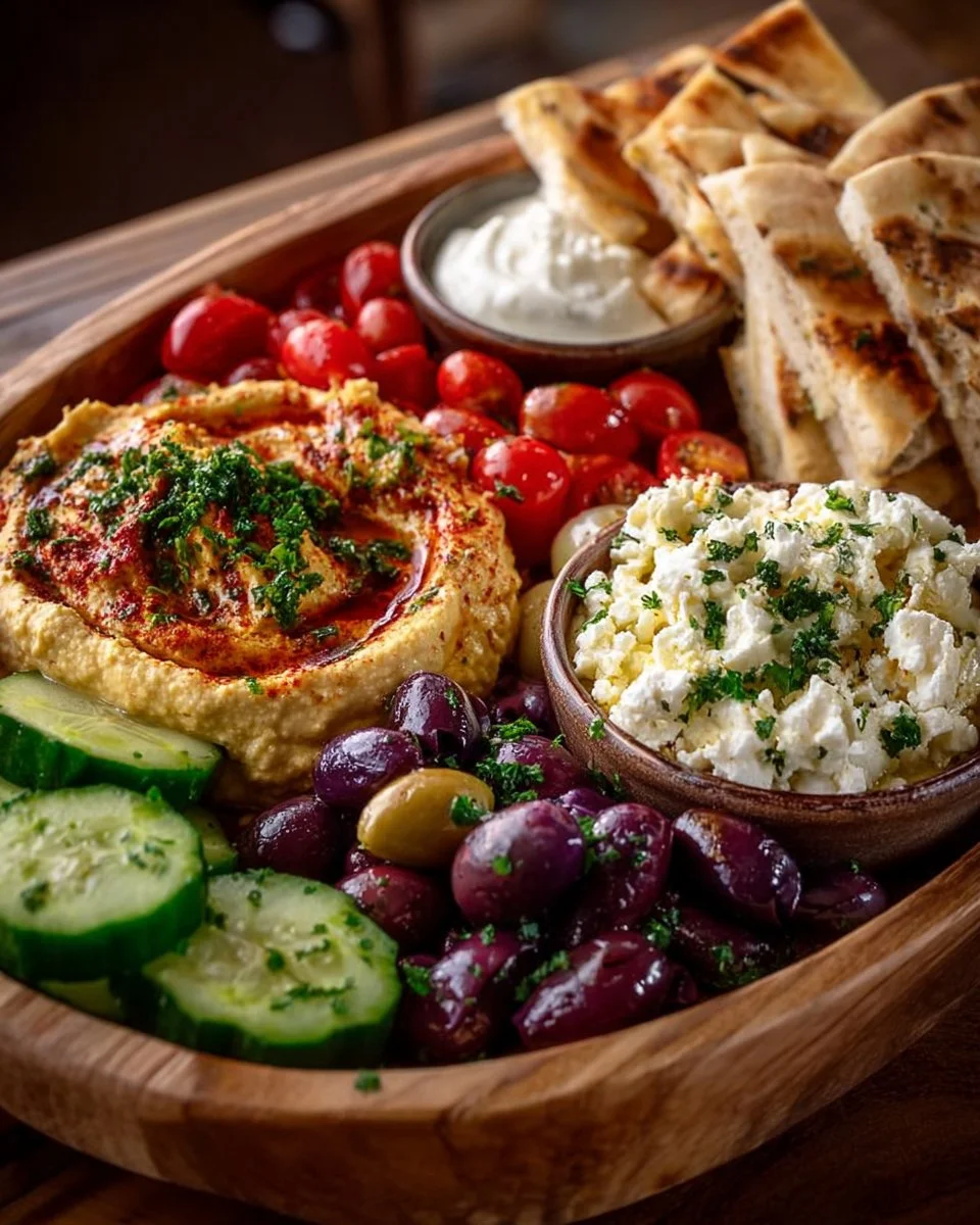 A colorful spread of mezze tapas featuring various dishes and dips.