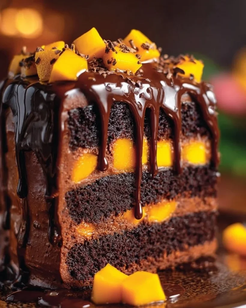 Midnight Fudge Mango Cake with layers of fudge and fresh mango, beautifully decorated