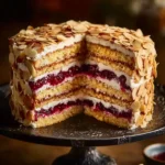 Milanese Macaroon Cake topped with creamy frosting and almonds
