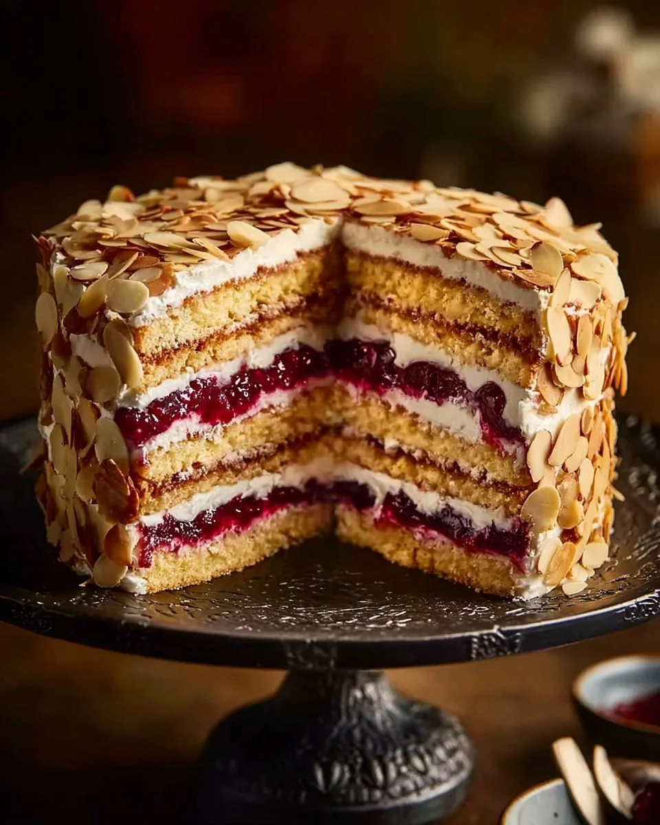 Milanese Macaroon Cake topped with creamy frosting and almonds