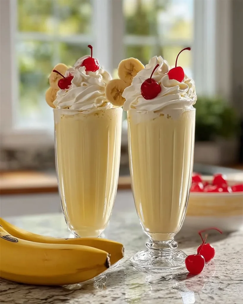 Delicious and creamy Milk Banana Shake served in a glass with a banana on the side
