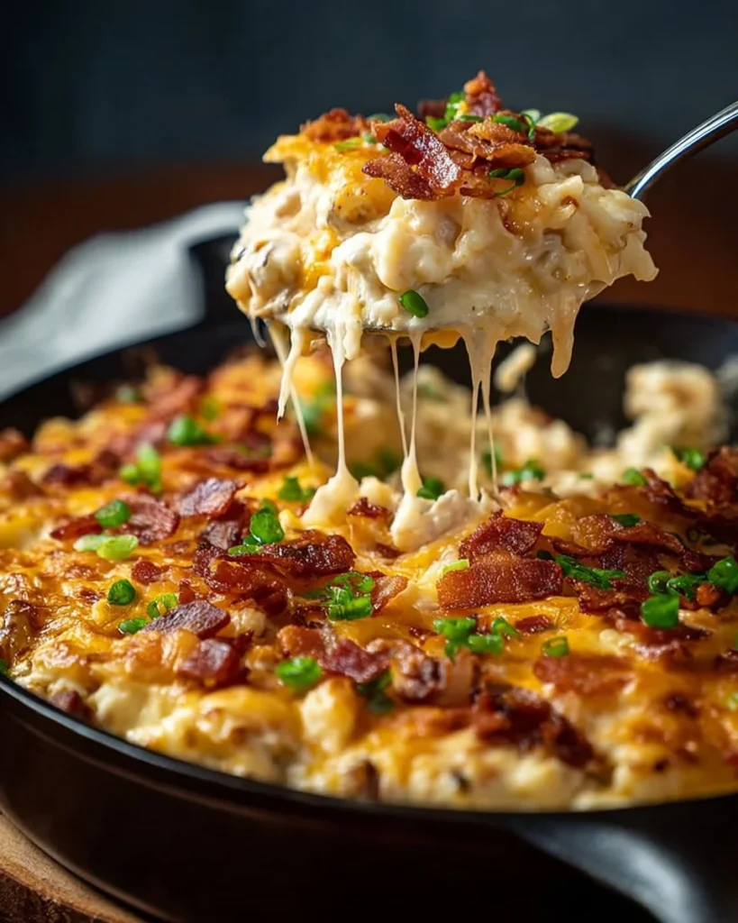 Delicious Million Dollar Chicken Casserole topped with cheese and herbs