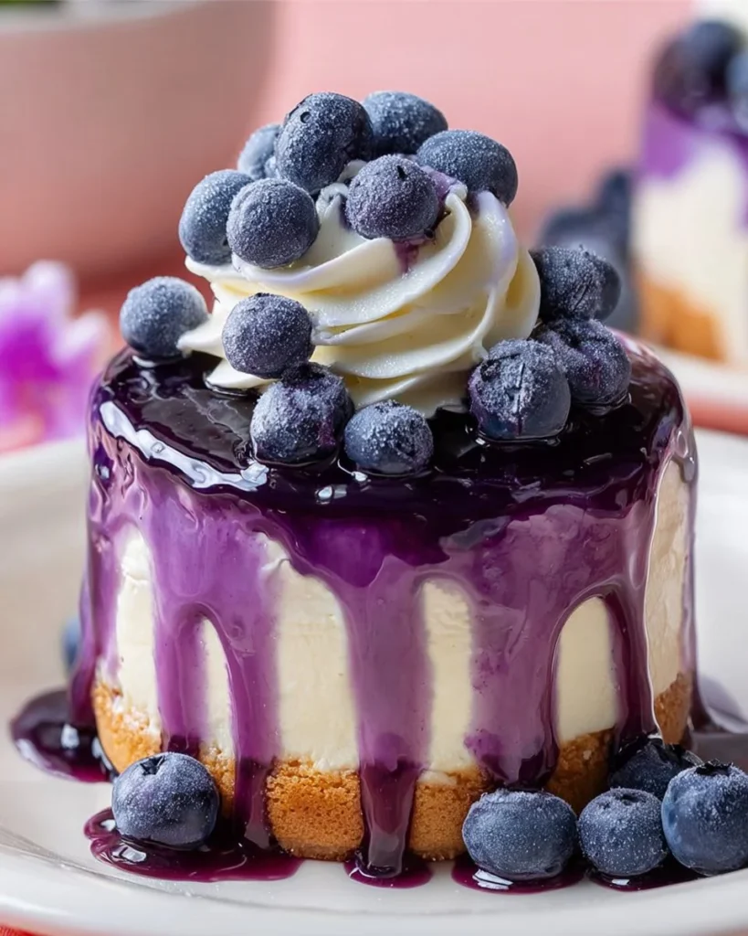 Mini blueberry cheesecakes topped with fresh blueberries on a white plate.