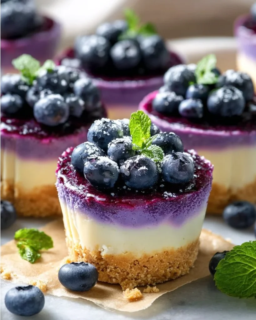 Mini blueberry cheesecakes topped with fresh blueberries.